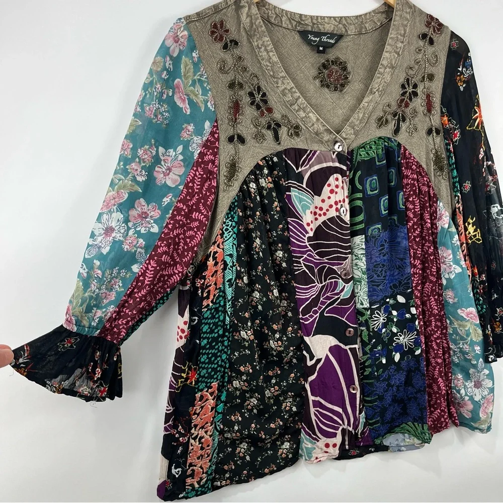 Boho Patchwork Button Down Blouse M | Embroidered Flowy Layering Top - Picture 8 of 11